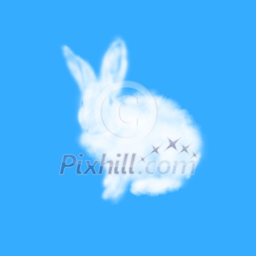 Greeting card from fluffy Easter rabbit made from white cloud on a pastel sky blue background with copy space. Festive Happy Easter card. Greeting card from fluffy Easter rabbit made from white cloud on a pastel sky blue background with copy space. Festive Happy Easter card.
