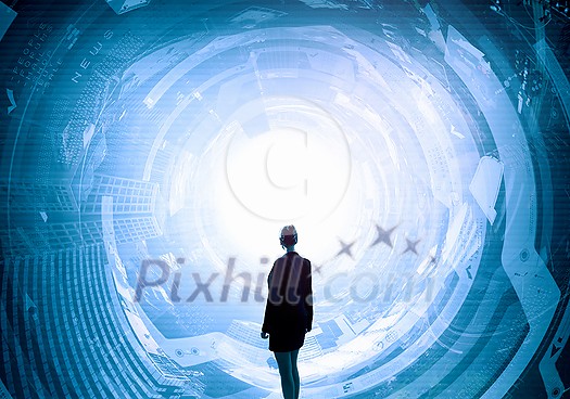 Back view of businesswoman with suitcase in hands looking at virtual panel Back view of businesswoman with suitcase in hands looking at virtual panel