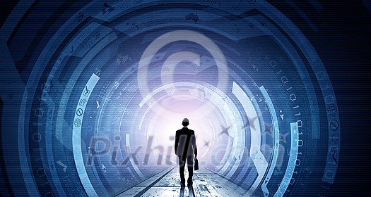 Back view of businessman with suitcase in hands looking at virtual panel Back view of businessman with suitcase in hands looking at virtual panel