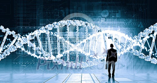 Businessman standing with back and virtual panel with dna spiral Businessman standing with back and virtual panel with dna spiral