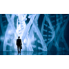 Businessman standing with back and virtual panel with dna spiral