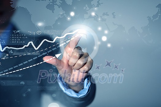 Close up of businessman touching virtual panel with finger Close up of businessman touching virtual panel with finger