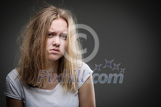 Distressed female teen - victim of domestic violence, abuse - in need of help and protection