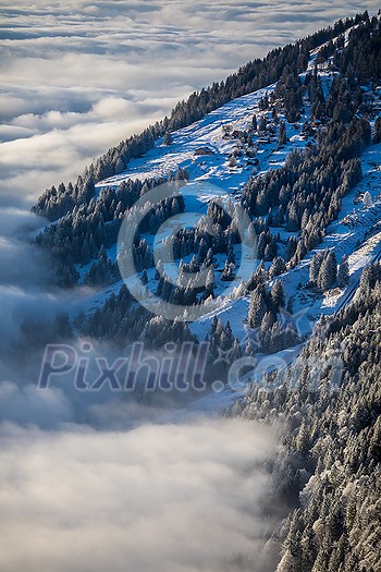 Splendid apline scenery. High mountains with fog and lovely evening light. Splendid apline scenery. High mountains with fog and lovely evening light.