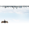 Young businessman sitting on bench with briefcase in hands and city reflecting in sky