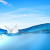Boat made of paper sinking in blue water surface