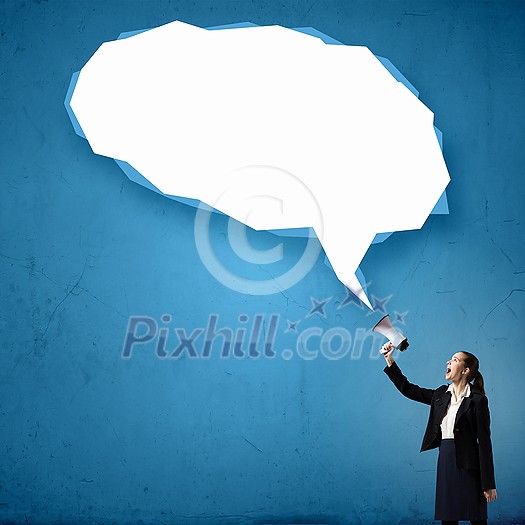 Young businesswoman with megaphone in hand and speech bubble above Young businesswoman with megaphone in hand and speech bubble above