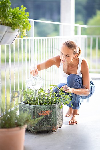 Pretty, young woman watering herbs she is growing on her balcony.