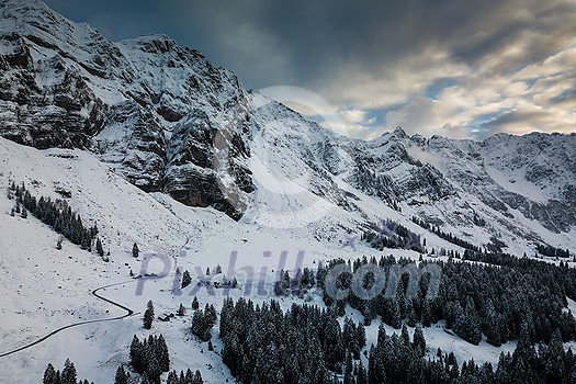 High res. panoramic image of Winter in the swiss alps near mount Santis, Switzerland High res. panoramic image of Winter in the swiss alps near mount Santis, Switzerland