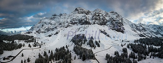 High res. panoramic image of Winter in the swiss alps near mount Santis, Switzerland High res. panoramic image of Winter in the swiss alps near mount Santis, Switzerland