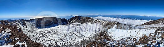 Peaks of Teide and Pico Viejo volcanoes at sunset seen from the Samara crater. Teide National Park, Tenerife, Canary Islands, Spain