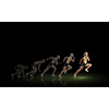 Young woman athlete running fast on dark background 