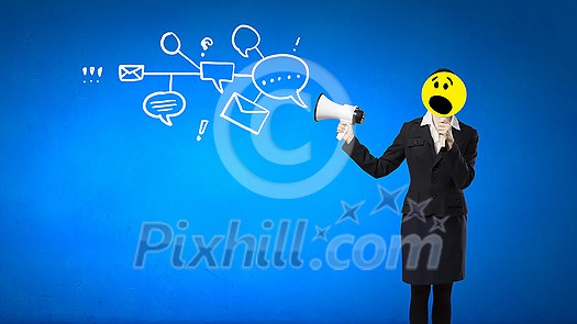 Unrecognizable businesswoman hiding her face behind mask and screaming in megaphone Unrecognizable businesswoman hiding her face behind mask and screaming in megaphone
