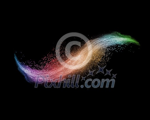 Decorative rainbow powder burst or explosion in the shape of curved wave on a black background with copy space. Decorative rainbow powder burst or explosion in the shape of curved wave on a black background with copy space.