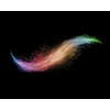 Decorative rainbow powder burst or explosion in the shape of curved wave on a black background with copy space.