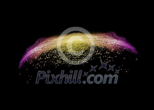 Decorative wave cloud from colorful powder splash or explosion on a black background with copy space. Decorative wave cloud from colorful powder splash or explosion on a black background with copy space.