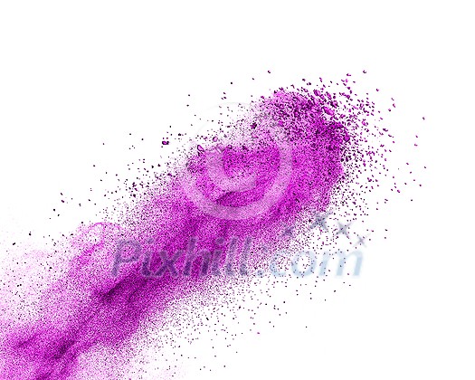 Decorative diagonal powder explosion or splash of purple color on a white background with copy space. Decorative diagonal powder explosion or splash of purple color on a white background with copy space.