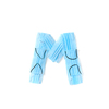 Capital letter M handmade from medical antibacterial protective blue face masks on a white background, copy space. Creative alphabet for making up new words.