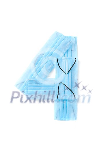 Figure 4, four handmade from medical antibacterial protective blue face masks on a white background, copy space. Creative typeface for making up new numerical information. Figure 4, four handmade from medical antibacterial protective blue face masks on a white background, copy space. Creative typeface for making up new numerical information.