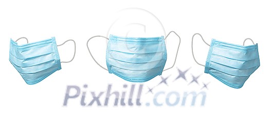 Creative set from three flying medical antibacterial protective blue face mask against white background, copy space. Concept of prevention from respiratory sickness and viruses.