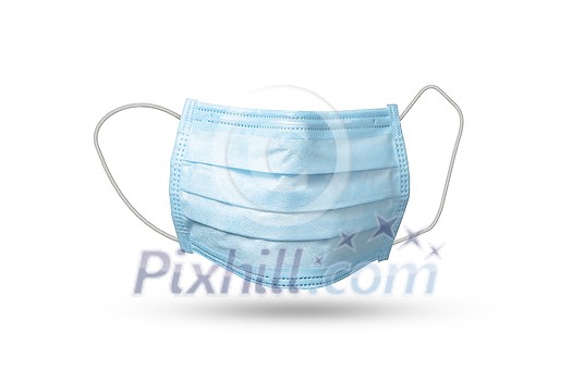 Medical antibacterial protective blue face mask flying above white background with soft shadows, copy space. Concept of prevention from respiratory sickness and viruses.