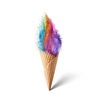 Waffle cone with ice cream in the shape of colorful rainbow dust explosion vertically standing on a light gray background with soft shadow, copy space.