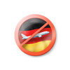 Forbbiden sign with crossed out white plane on the German flag on a white background, copy space. Restriction of entry into Germany. Quarantine concept. 3D illustration