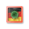 Warning sign with model of Coronavirus molecule on the German flag on a white background, copy space. Rapid spread of Coronavirus, Covid 19 in the world. 3D illustration