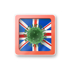 Warning sign with model of Coronavirus molecule on the British flag on a white background, copy space. Rapid spread of Coronavirus, Covid 19 in the world. 3D illustration