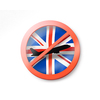 Prohibition sign with crossed out black plane on the British flag on a white background, copy space. Restriction of entry into Great Britain. Quarantine concept. 3D illustration