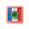 Warning sign with model of Coronavirus molecule on the France flag on a white background, copy space. Rapid spread of Coronavirus, Covid 19 in the world. 3D illustration
