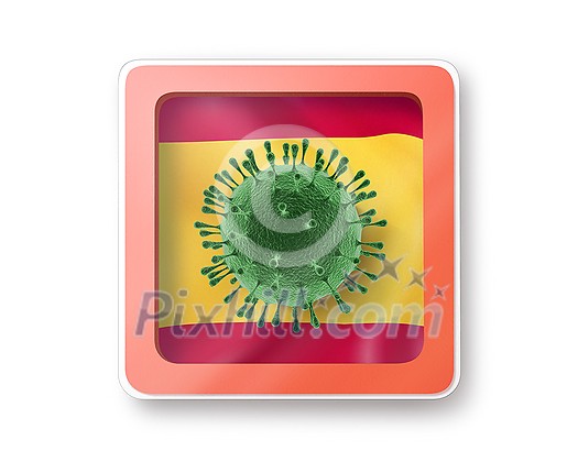 Warning sign with model of Coronavirus bacteria on the Spanish flag on a white background, copy space. Rapid spread of Coronavirus, Covid 19 in the world. 3D illustration