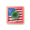 Warning sign with model of Coronavirus bacteria on the American flag on a white background, copy space. Rapid spread of Coronavirus, Covid 19 in the world. 3D illustration