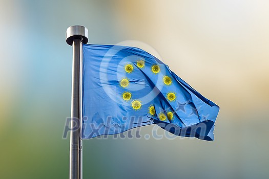 Flag of European Union with round from molecules of Coronavirus instead of stars on a blurred backgroud of parliament in Brussels, Belgium with copy space. Quarantine concept.