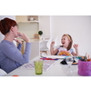 Mother and little daughter  playing together  drawing creative artwork during coronavirus quarantine measuring time on sandglass and listening music on tablet