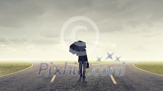 Back view of businessman with umbrella and suitcase walking on road Back view of businessman with umbrella and suitcase walking on road