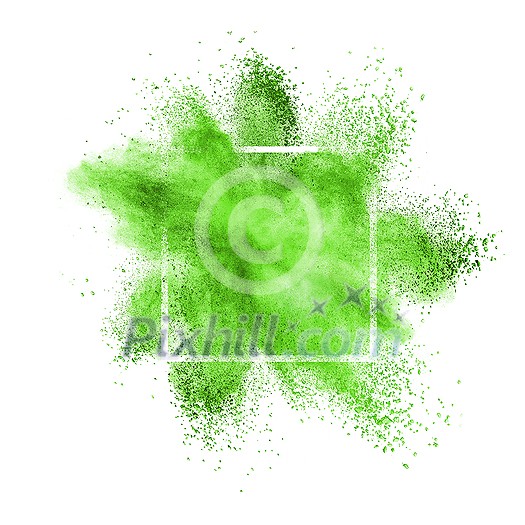 Green dust or powder explosion in a square frame on a white background, copy space. Green dust or powder explosion in a square frame on a white background, copy space.