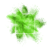 Green dust or powder explosion in a square frame on a white background, copy space.