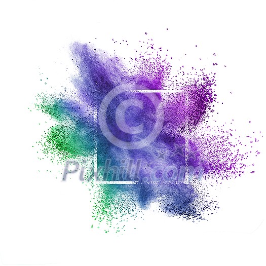 Abstract creative splash from colorful dust or powder in a square frame on a white background with copy space. Abstract creative splash from colorful dust or powder in a square frame on a white background with copy space.