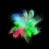 Decorative abstract multicolored powder splash or explosion on a black background with copy space.