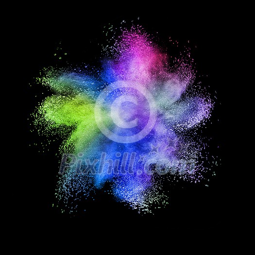 Creative chaotic multicolored powder explosion or splash on a black background with copy space. Creative chaotic multicolored powder explosion or splash on a black background with copy space.