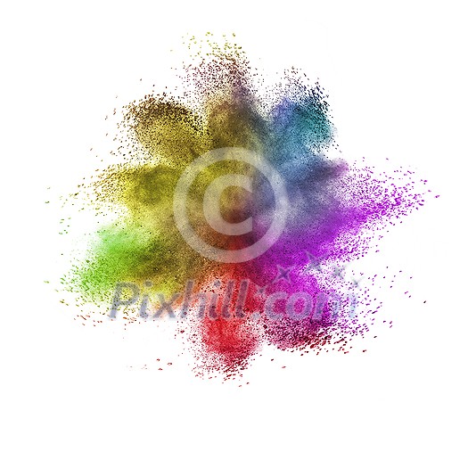 Abstract decorative chaotic powder or dust colorful explosion on a white background with copy space. Abstract decorative chaotic powder or dust colorful explosion on a white background with copy space.