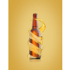 Creative spiral beer's splash around brown bottle with water droplets on a light sand yellow colored backgound, copy space. Refreshing alcohol drinks.