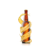 Beer bottle with water drops and creative spiral splash around brown bottle on a white background with copy space. Refreshing alcohol drinks.