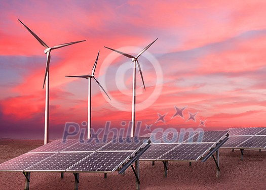 Alternative renewable energy made by wind turbines and solar panels on a background of red sunset cloudy sky with copy space. Ecological alternative energy concept.