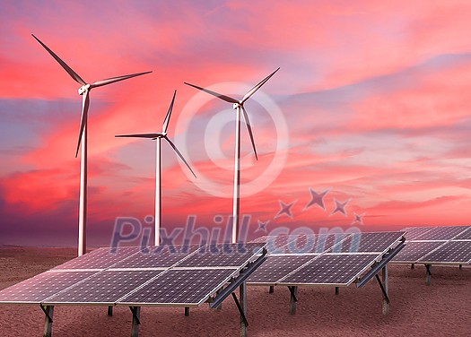 Alternative renewable energy made by wind turbines and solar panels on a background of red sunset cloudy sky with copy space. Ecological alternative energy concept. Alternative renewable energy made by wind turbines and solar panels on a background of red sunset cloudy sky with copy space. Ecological alternative energy concept.