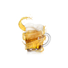 Flying spiral splash of light amber beer around full glass mug of fresh beverage with thick foam on a white background, copy space.