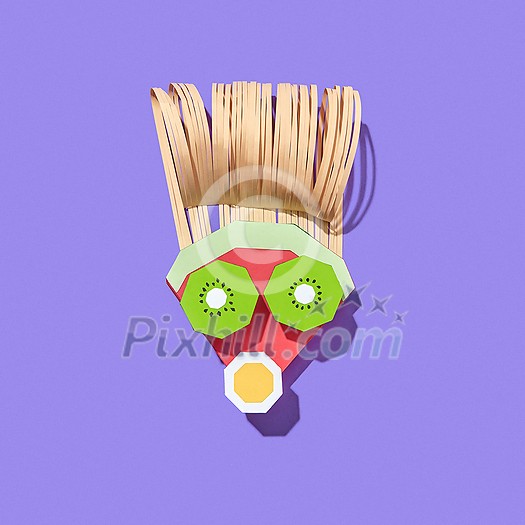 Handmade from colorful paper man's face made from papercraft fruits on a purple background with shadows, copy space. Vegan healthy food.