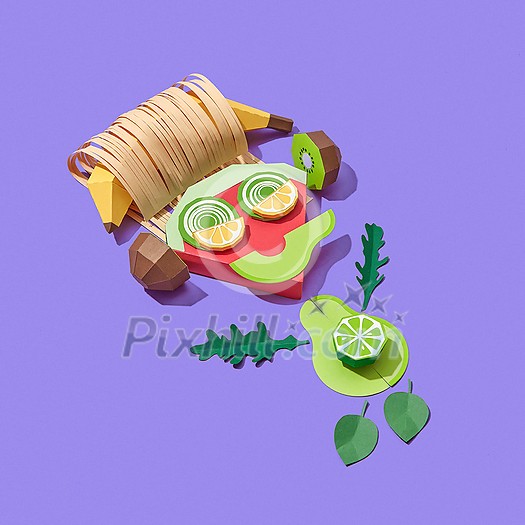 Funny little man handmade from colorful papercraft fruits and vegetables listening to music on a purple background with shadows, copy space. Vegan healthy food.