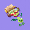 Funny little man handmade from colorful papercraft fruits and vegetables listening to music on a purple background with shadows, copy space. Vegan healthy food.